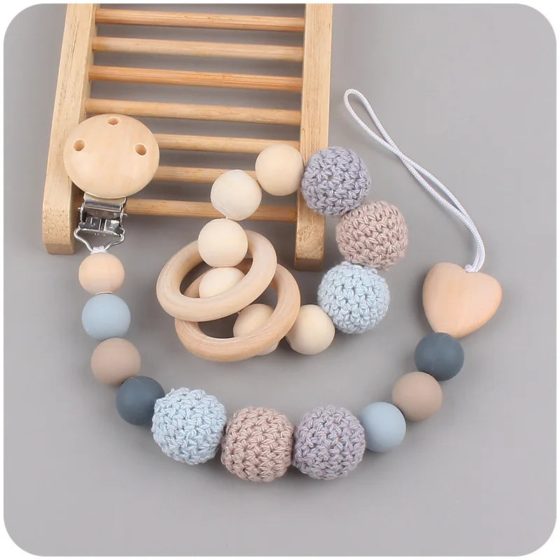 Baby Pacifier Clip Wooden Teethers Bracelet Set Silicone Beads Babies Soothe Nipple Teething Toys Anti-lost Chain Newborn
