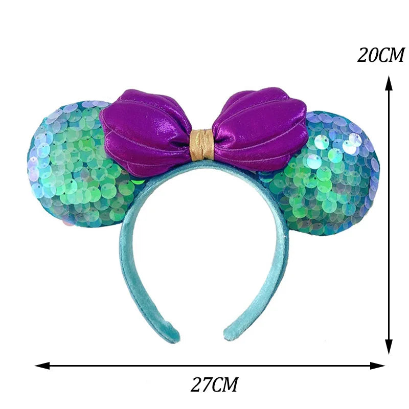 2024 Original Disney Mickey Ears Headband Shanghai Disneyland Minnie Leather Headband Hairband Sequin Bow Party Hair Accessories