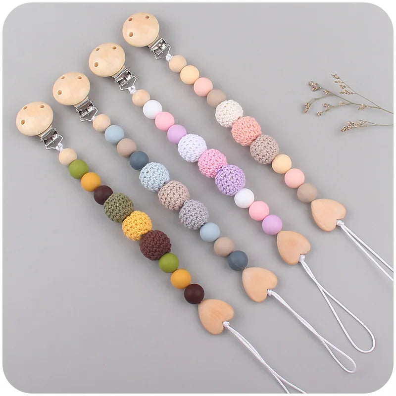 Baby Pacifier Clip Wooden Teethers Bracelet Set Silicone Beads Babies Soothe Nipple Teething Toys Anti-lost Chain Newborn